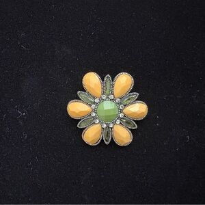 Vintage Silver Tone Green & Clear Rhinestone Accents Yellow Flower Brooch Pin